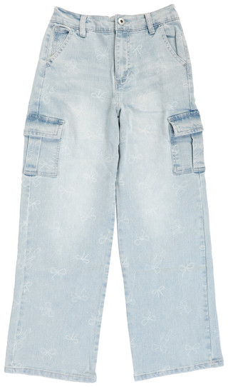 Thumbnail 1: Ymi girl Big Girls Wide Leg Bow Print Denim Cargo Jeans  