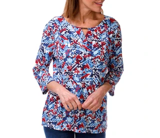 Thumbnail 1: Coral Bay Women's 3/4 Sleeve Notch Hardware Printed Top 