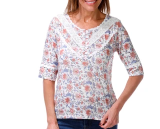 Thumbnail 1: BUNULU Women's Elbow Sleeve Jacobean Lace Trim Top 