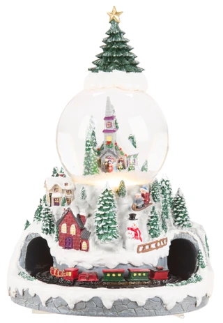 Thumbnail 1: Magical Season Light Up Christmas Village Snow Globe with Moving Train Base 