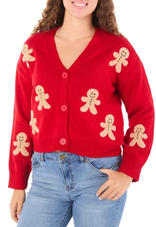 Thumbnail 1: No Comment Juniors Embroidered Button Front Christmas Cardigan w/ Clip 