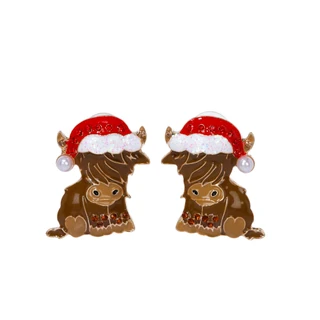 Thumbnail 1: C&C California Gold Tone Christmas Santa Hat Highland Cow Stud Earrings  