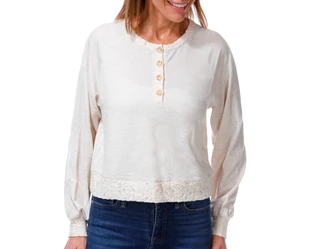 Thumbnail 1: BOBEAU Women's Long Sleeve Lace Hem Raglan Sleeve Henley 