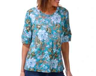 Thumbnail 1: Blue Sol Women's Elbow Sleeve Floral Azure Luxey Scoop Neck Tee 