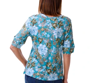 Thumbnail 2: Blue Sol Women's Elbow Sleeve Floral Azure Luxey Scoop Neck Tee 