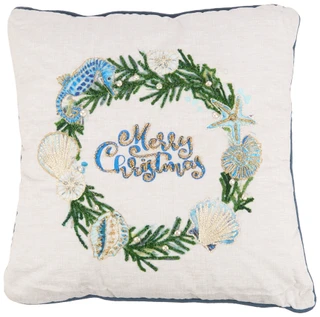 Thumbnail 1: VISTA HOME FASHIONS 20x20 Coastal Christmas Wreath Embroidered Pillow 