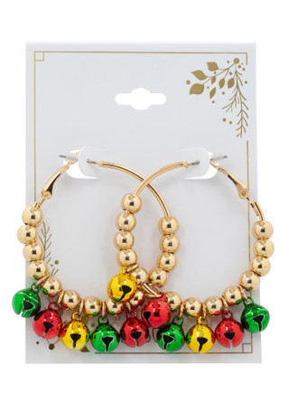 Thumbnail 1: Brighten the Season Gold Tone Christmas Jingle Bell Beaded Hoop Earrings 