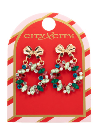 Thumbnail 1: City X City Gold Tone Christmas Bow Wreath Rhinestone Earrings 