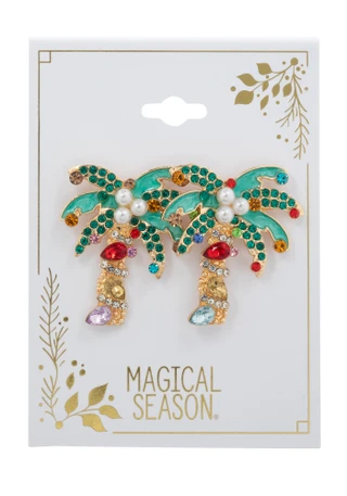 Thumbnail 1: Brighten the Season Gold Tone Christmas Palm Tree Rhinestone Earrings 