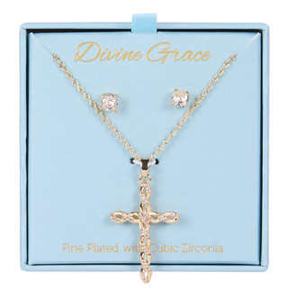 Thumbnail 1: Divine Grace 2 Pc Gold Tone Cross  Pendant Necklace Set 