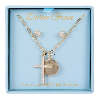 Thumbnail 1: Divine Grace 2 Pc Gold Tone Cross Pendant Necklace Set 