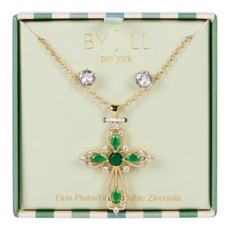 Thumbnail 1: By Jill 2 Pc Gold Tone Emerald Cross Pendant Necklace Set 