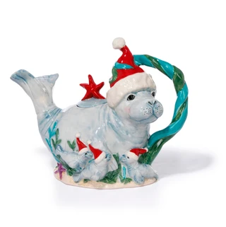 Thumbnail 1: Chubby Mermaids 11x5x9 Ceramic Manatee Christmas Teapot 