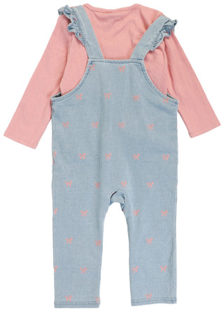 Thumbnail 2: Andy & Evan Baby Girls 2 Pc Bow Denim Overalls Set 