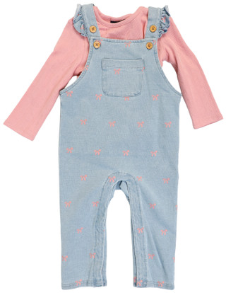 Thumbnail 1: Andy & Evan Baby Girls 2 Pc Bow Denim Overalls Set 