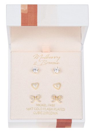 Thumbnail 1: Mulberry & Broome 3 Pc CZ Heart Bow Stud Earrings 