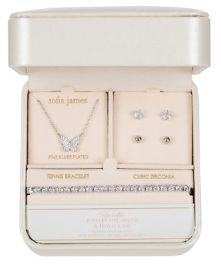 Thumbnail 1: Sofia James 4 Pc Silver Tone Butterfly Jewelry Set with Travel Case 