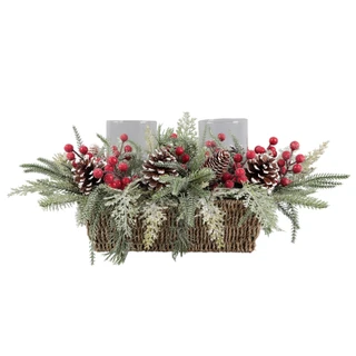 Thumbnail 1: Magical Season 20x12x9 Christmas Berries & Pine Candle Holder Centerpiece  