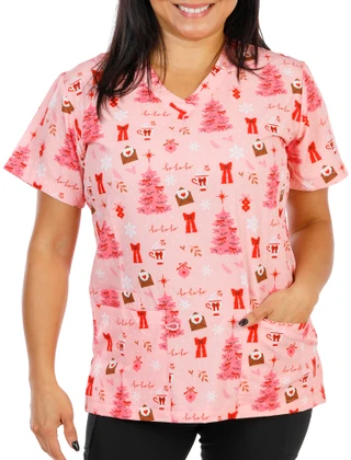 Thumbnail 1: Elite Med Women's Christmas Print Scrub Top 