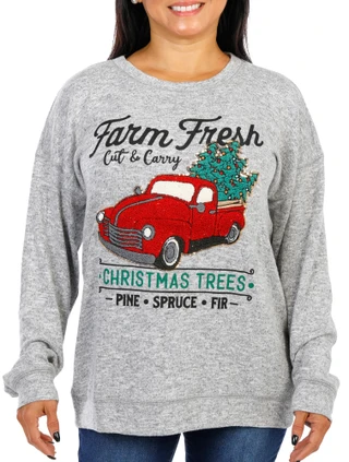 Thumbnail 1: Magical Season Women's Long Sleeve Christmas Embroidered Hacci Knit Top 