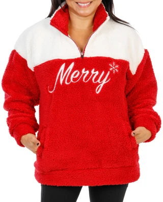 Thumbnail 1: Magical Season Women's Quarter Zip Christmas Embroidered Sherpa Pullover 
