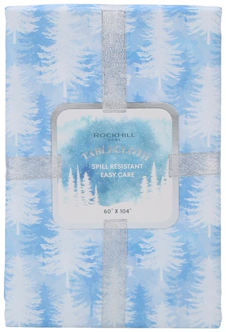 Thumbnail 1: Rockhill Home 60x104 Winter Blue Trees Christmas Tablecloth 
