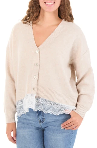 Thumbnail 1: Riley & Rae Junior's V-Neck Lace Trim Button Cardigan  