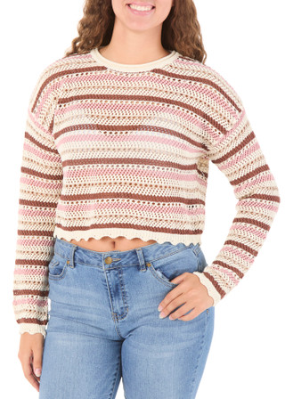 Thumbnail 1: Ragged Rose Juniors' Long Sleeve Open Crochet Stripe Top 
