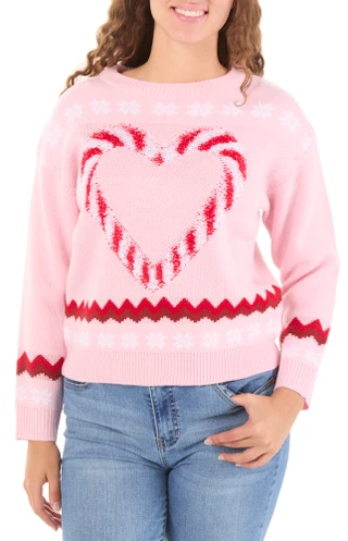 Thumbnail 1: Ragged Rose Juniors' Candy Cane Heart Pullover Sweater 