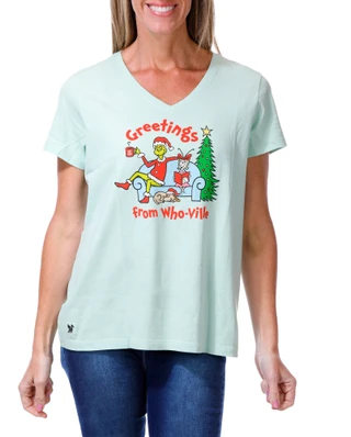 Thumbnail 1: Life is Good Women's Short Sleeve Grinch Christmas Graphic V-Neck Tee  