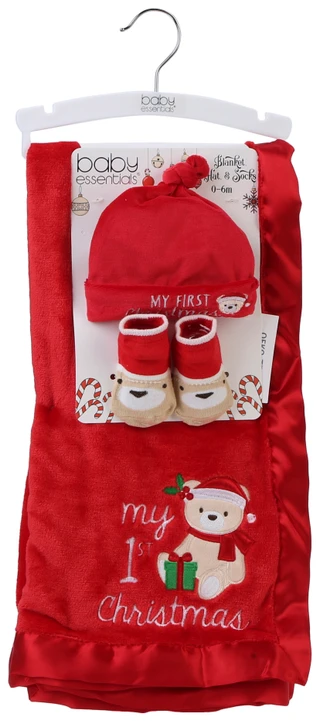 Thumbnail 1: Baby Essentials 3 Pc Baby's First Christmas Blanket, Hat & Socks Set 