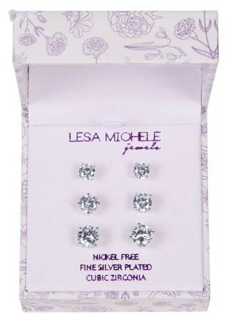 Thumbnail 1: LESA MICHELE 3 Pk Silver Plated Cubic Zirconia Stud Earrings 