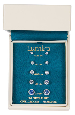 Thumbnail 1: Lumira 5 Pk Silver Plated Sapphire CZ Stud Earring Set  