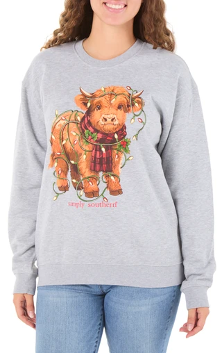 Thumbnail 1: SIMPLY SOUTHERN Junior's Cow Christmas Lights Fleece Sweatshirt  
