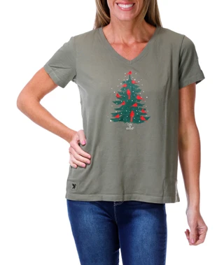Thumbnail 1: Life is Good Women's Christmas Cardinal Tree Graphic V-Neck Tee 