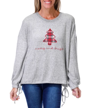 Thumbnail 1: Magical Season Women's Petite Long Sleeve Plaid Christmas Tree Top  