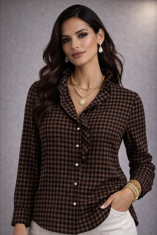 Thumbnail 1: Beach Lunch Lounge Women's Laura Mini-Check Ruffle Collar  Long Sleeve Top 