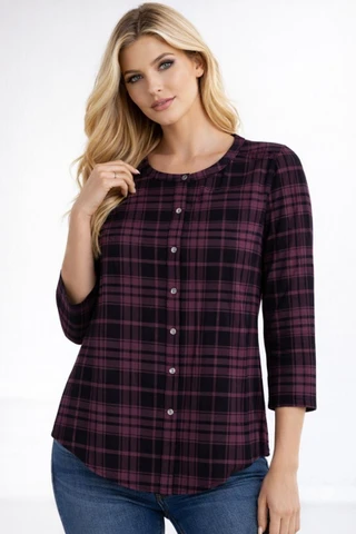 Thumbnail 1: Beach Lunch Lounge Women's Mia Soft Plaid 3/4 Sleeve Top 
