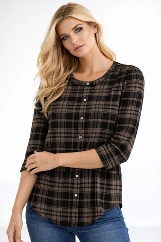 Thumbnail 1: Beach Lunch Lounge Women's Mia Soft Plaid 3/4 Sleeve Top 
