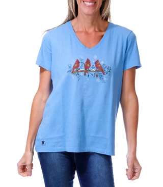 Thumbnail 1: Life is Good Women's Christmas Snowy Cardinal Graphic V-Neck Tee  