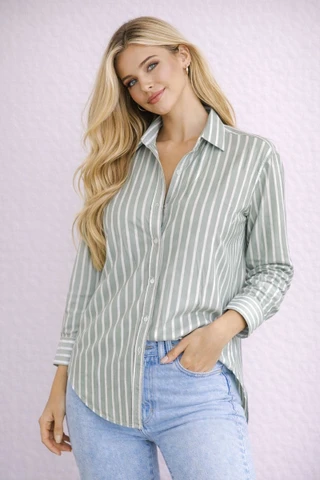 Thumbnail 1: Beach Lunch Lounge Women's Cindy Pinstripe Button Down Long Sleeve Top 