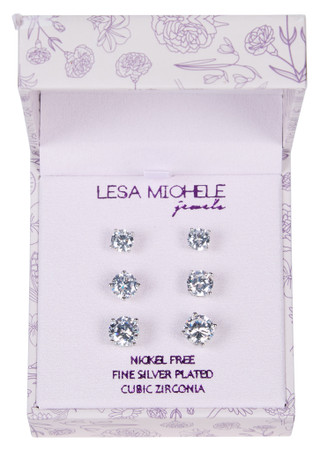 Thumbnail 1: LESA MICHELE 3 Pk Silver Plated Cubic Zirconia Stud Earrings 