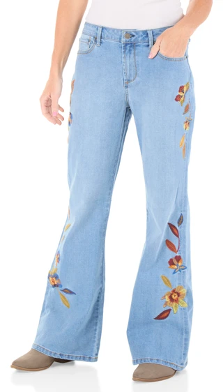 Thumbnail 1: DW Women's Fiora 5 Pocket Leaf Embroidered Boot Cut Jeans 