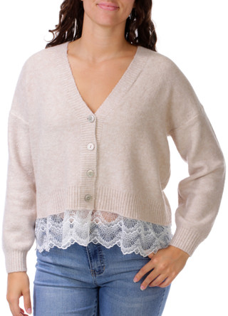 Thumbnail 1: Riley & Rae Junior's V-Neck Lace Trim Button Cardigan  