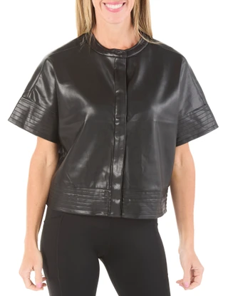 Thumbnail 1: Nicole Miller Women's Short Sleeve Faux Leather Button Front Top 