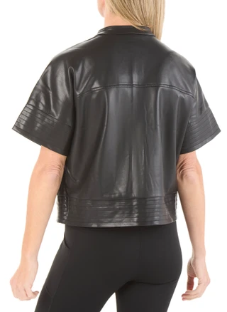 Thumbnail 2: Nicole Miller Women's Short Sleeve Faux Leather Button Front Top 