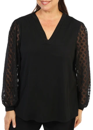 Thumbnail 1: Joie De Vivre Women's Plus Mesh Sleeve V-Neck Blouse 