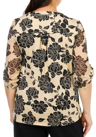 Thumbnail 2: Sara Michelle Women's Plus Split Neck Mesh Sleeve Pleated Print Top 