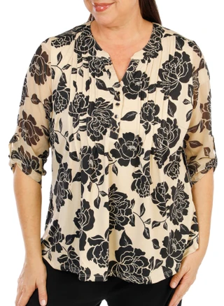 Thumbnail 1: Sara Michelle Women's Plus Split Neck Mesh Sleeve Pleated Print Top 