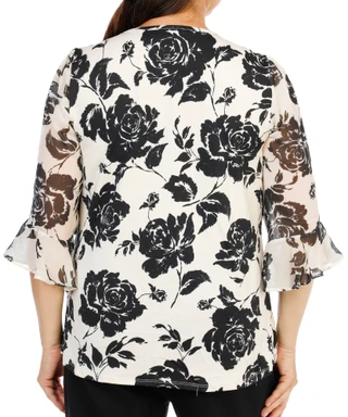Thumbnail 2: Sara Michelle Women's Plus Mesh Sleeve Pleated Print V-Neck Top 